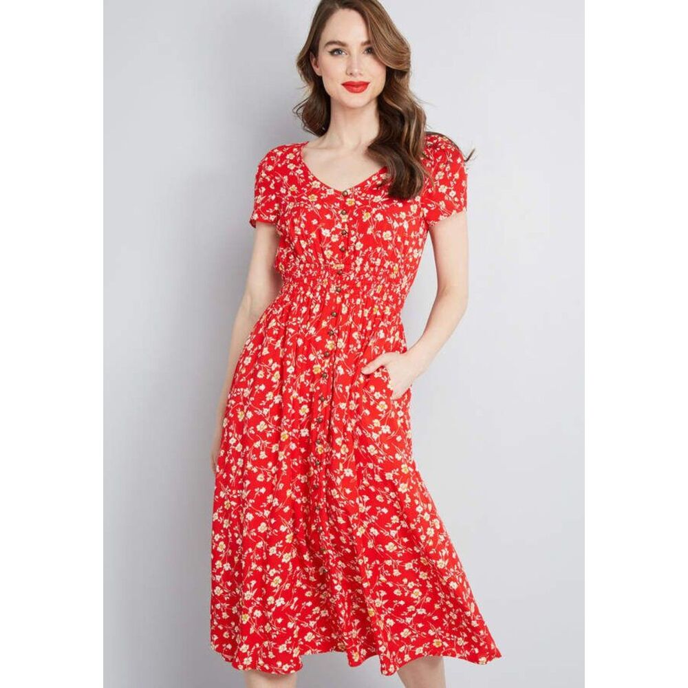 ModCloth Retro Inspired Anytime Midi Dress Red Floral XS